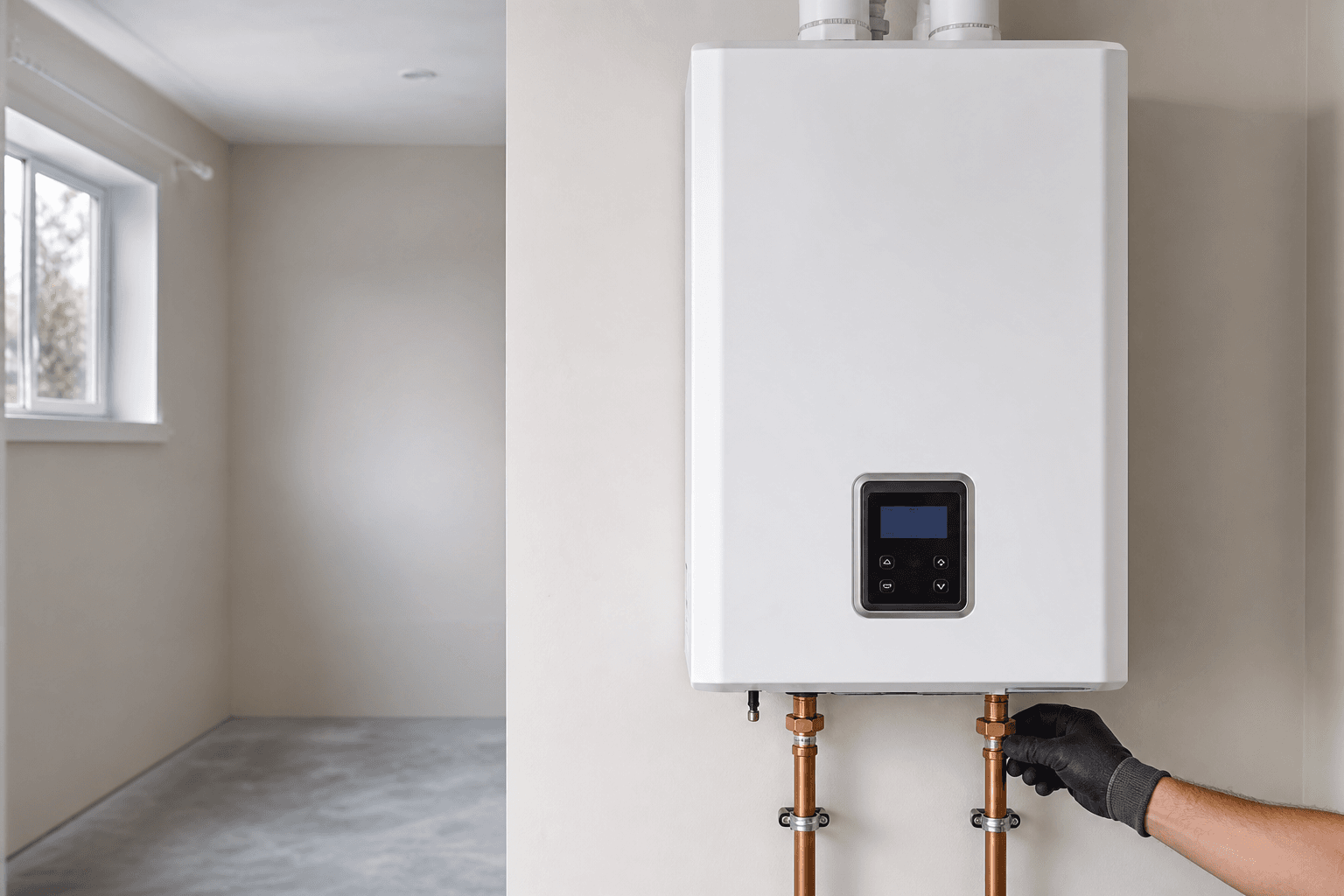 Modern condensing boiler installed in a Port Coquitlam residential utility room